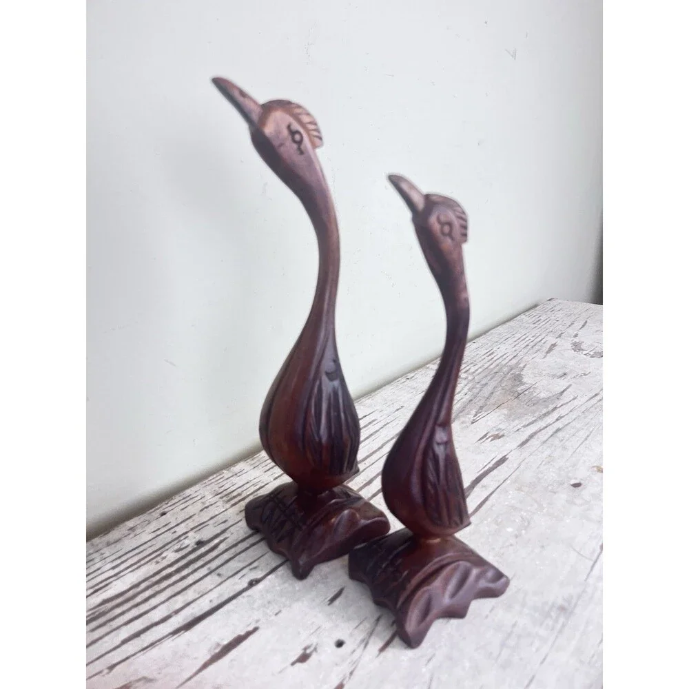 Vintage Mid Century Hand Carved Wooden Long Neck Cranes Set / Country Home Decor